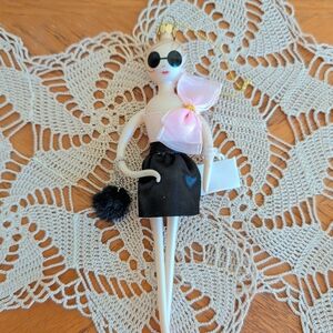 Stylish Doll Keychain with Pink Bow and Black Skirt